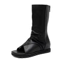 Zipper Design Black Women Shoes Wedges 2022 New Spring Autumn Open Toe Leather Mid-Calf Boots for Women Promotion Sale