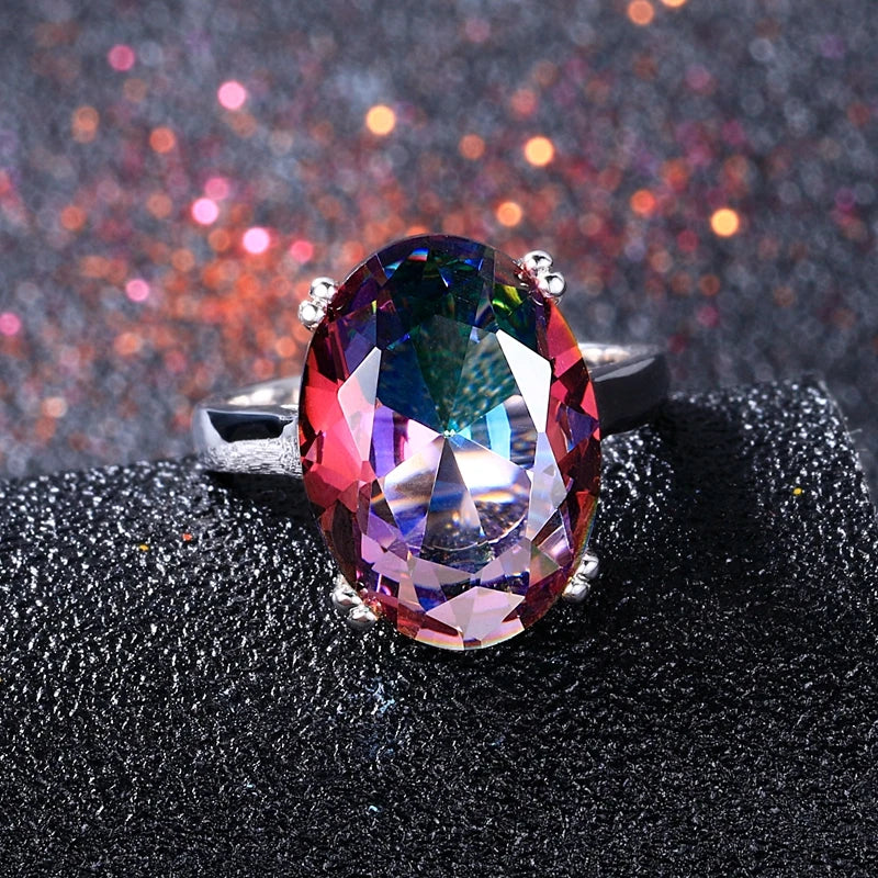 Fashion Women'S Jewelry S925 Silver Ring Mystic Fire Rainbow Topaz Rings Promotion Elegant Wedding Jewelry Anillos Party Gift