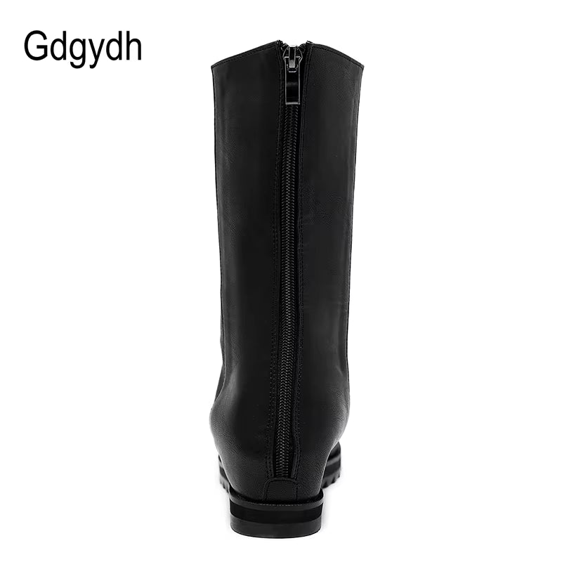 Zipper Design Black Women Shoes Wedges 2022 New Spring Autumn Open Toe Leather Mid-Calf Boots for Women Promotion Sale