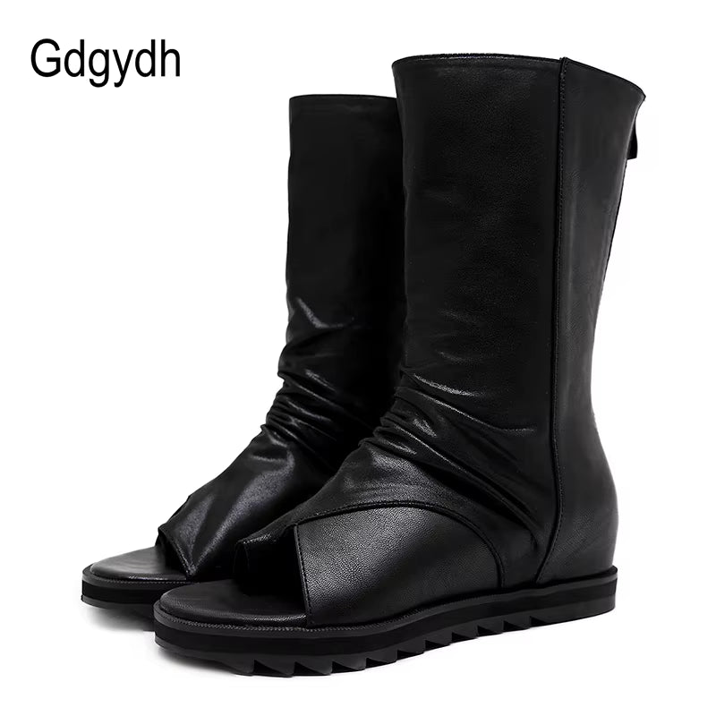 Zipper Design Black Women Shoes Wedges 2022 New Spring Autumn Open Toe Leather Mid-Calf Boots for Women Promotion Sale