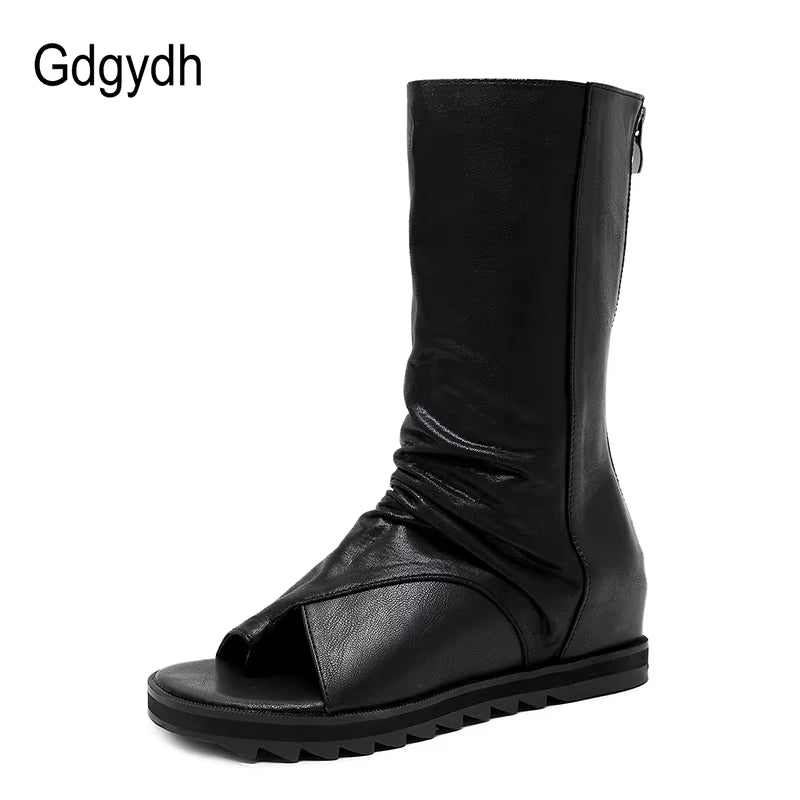 Zipper Design Black Women Shoes Wedges 2022 New Spring Autumn Open Toe Leather Mid-Calf Boots for Women Promotion Sale