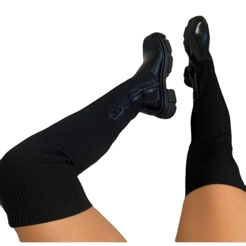 Women'S New Over-The-Knee round Toe Pure Color Flying Knit Socks Boots
