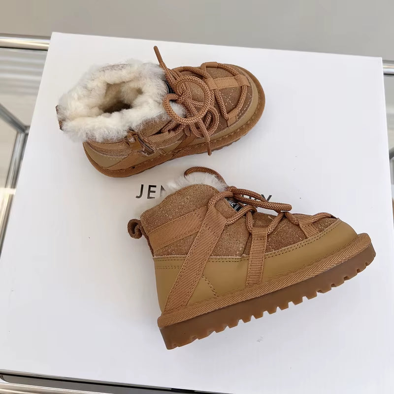 2025 New Winter Children Snow Boots Genuine Leather Warm Plush Toddler Boys Shoes Non-Slip Fashion Baby Girls Boots 1-6 Years
