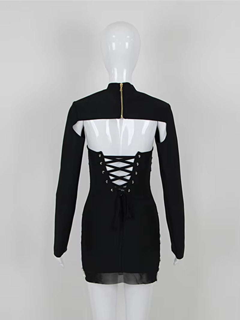 Women Celebrity Sexy Turtleneck Beading Rhinestone Black Mini Bodycon Bandage Dress 2023 Elegant Evening Club Party Dress