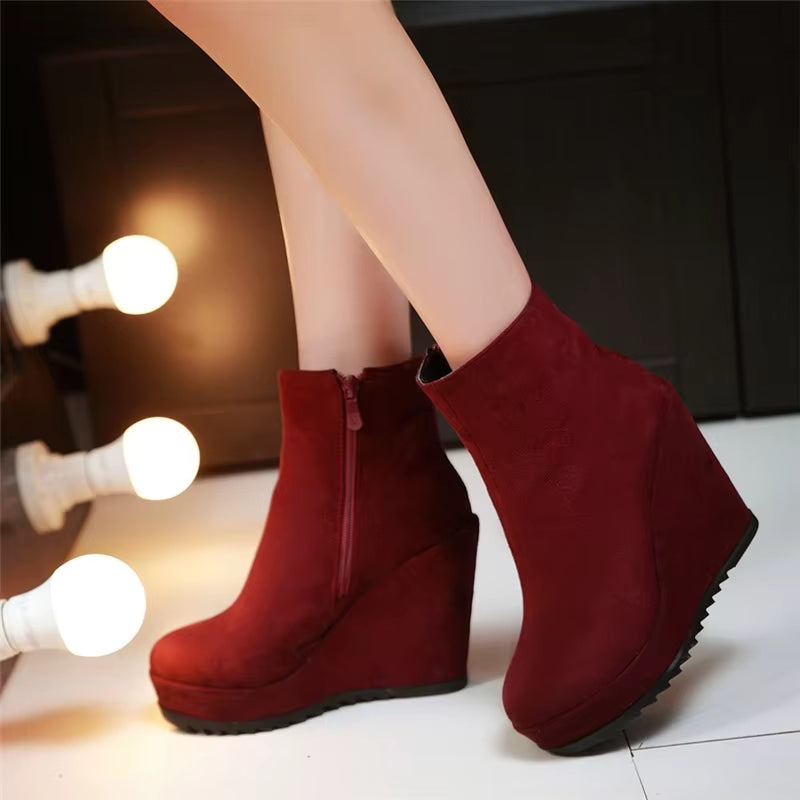 Wedge Ankle Boots Women Shoes Winter Autumn Fashion Faxu Suede Platform Women'S Short Boot Elegant Wedge Shoes Female Large Size