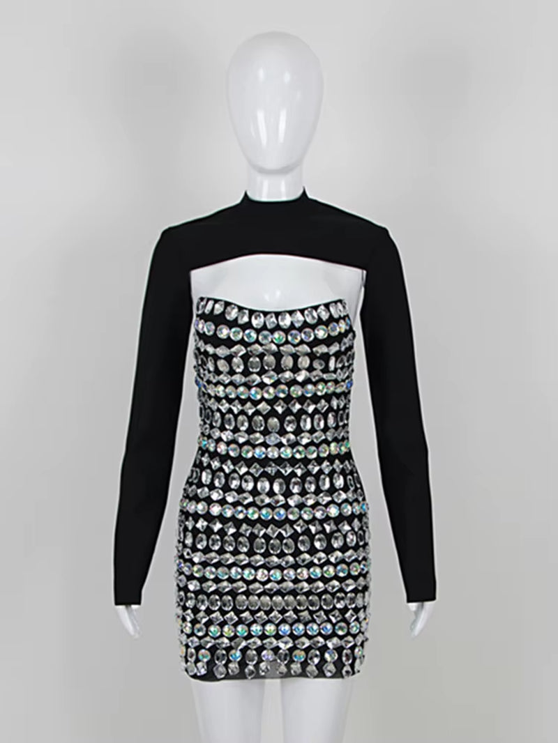 Women Celebrity Sexy Turtleneck Beading Rhinestone Black Mini Bodycon Bandage Dress 2023 Elegant Evening Club Party Dress